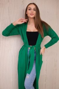 Sweter długi kardigan wiązany w talii zielony. Zielone długie swetry KESI, l, z wełny, bez kołnierzyka, plus size. Za 178,78 zł.