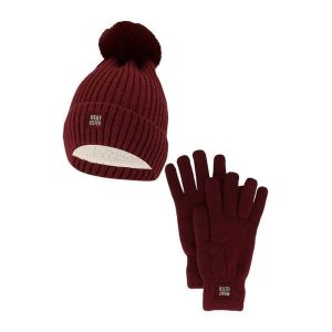 Damski Zimowy Zestaw Termiczny - Czapka + Rękawiczki - Burgundowy. Czerwone czapki HEAT KEEPER, bez wzorów, z poliesteru, sportowe. W wyprzedaży za 134,32 zł.