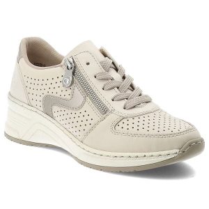 Sneakersy damskie Rieker, cholewka perforowana sznurowanie zamek z boku wzmocniony nosek niski profil kontrastowe wstawki miękka wyściółka stabilna k. Brązowe czółenka Rieker, bez wzorów, z jeansu, bez obcasa, na koturnie, bez zapięcia. Za 369,00 zł.