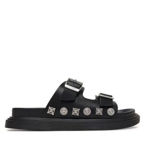 Klapki Just Cavalli. Czarne klapki Just Cavalli, bez wzorów, bez obcasa. Za 477,99 zł.