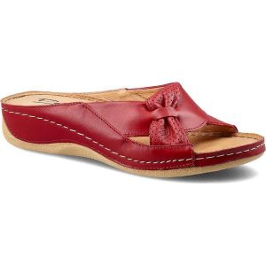 Czerwone Klapki Pollonus Damskie Wygodne Buty. Czerwone klapki Pollonus, z aplikacjami, ze skóry, bez obcasa, na platformie. Za 169,00 zł.