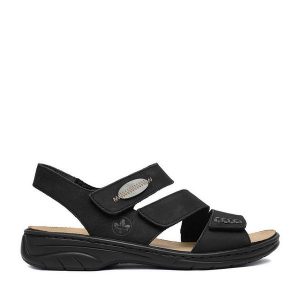 Sandały Rieker. Czarne sandały Rieker, bez wzorów, bez obcasa, na płaskiej podeszwie, bez zapięcia. Za 319,99 zł.