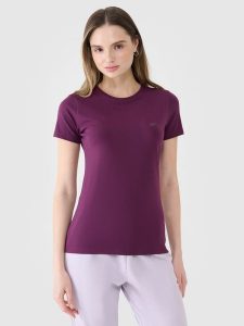 4F T-shirt slim gładki damski - fioletowy M. Fioletowe t-shirty 4f, m, bez wzorów, z bawełny, bez kołnierzyka, bez ramiączek. Za 39,99 zł.