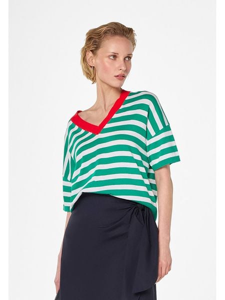 Rodier Koszulka w kolorze biało-zielonym rozmiar: L. Zielone bluzki Rodier, l, bez wzorów, klasyczne, bez kołnierzyka, bez ramiączek. Za 174,43 zł.