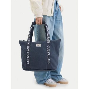 Torebka Guess Jeans. Niebieskie shopper bag Guess Jeans, z aplikacjami, z jeansu, bez dodatków. Za 199,99 zł.