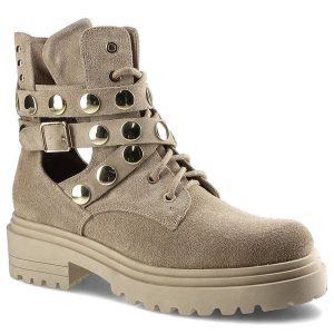 Botki damskie Carinii, sznurowany fason cholewka ze skóry naturalnej zamszowej podwyższona cholewka za kostkę ozdobne paski z metalowymi nitami masyw. Brązowe botki Carinii, na wiosnę, w ażurowe wzory, z jeansu, za kostkę, bez obcasa, na płaskiej podeszwie, bez zapięcia. Za 329,00 zł.