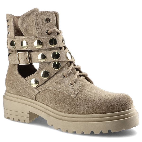 Botki damskie Carinii, sznurowany fason cholewka ze skóry naturalnej zamszowej podwyższona cholewka za kostkę ozdobne paski z metalowymi nitami masyw. Brązowe botki Carinii, na wiosnę, w ażurowe wzory, z jeansu, za kostkę, bez obcasa, na płaskiej podeszwie, bez zapięcia. Za 329,00 zł.