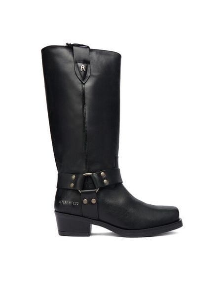 REPLAY Kozaki GWN88 .000.C0001L Czarny. Czarne kozaki Replay, bez wzorów, ze skóry, bez obcasa, na płaskiej podeszwie, bez zapięcia. Za 679,99 zł.