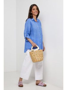 Lin Passion Lniana koszula w kolorze niebieskim rozmiar: 34/36. Niebieskie koszule Lin Passion, bez wzorów, z koronki, bez kołnierzyka, bez ramiączek. Za 143,99 zł.