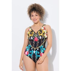 Damski Strój kąpielowy barok miękkie miseczki głęboki dekolt w serek. Czarne stroje jednoczęściowe Ulla Popken, bez wzorów, z elastanu. Za 239,99 zł.