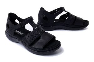 RIEKER 64865-01 black, sandały damskie. Czarne sandały Rieker, w ażurowe wzory, bez obcasa, bez zapięcia. Za 279,92 zł.
