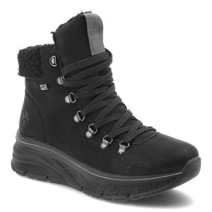 Czarne Botki Rieker Ocieplane Buty Damskie. Czarne botki Rieker, na zimę, bez wzorów, z materiału, przed kolano, bez obcasa, bez zapięcia. Za 379,00 zł.