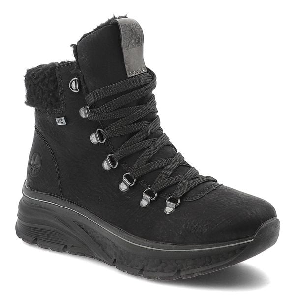 Czarne Botki Rieker Ocieplane Buty Damskie. Czarne botki Rieker, na zimę, bez wzorów, z materiału, przed kolano, bez obcasa, bez zapięcia. Za 379,00 zł.