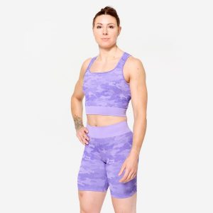 Koszulka fitness damska Domyos crop top. Fioletowe bluzki DOMYOS, l, bez wzorów, z elastanu, sportowe, bez kołnierzyka, bez ramiączek. Za 89,99 zł.