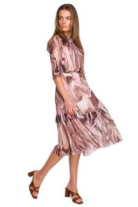 Wzorowana Sukienka z Siateczki z Falbankami - Model 3. Brązowe sukienki MOE, l, bez wzorów, z materiału, wizytowe, bez kołnierzyka, bez ramiączek. Za 391,90 zł.
