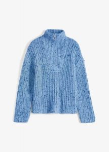 Sweter ze stójką i obniżoną linią ramon. Niebieskie swetry klasyczne bonprix, bez kołnierzyka. Za 144,99 zł.