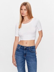 Guess Bluzka W3GI28 K68D2 Biały Boxy Fit. Białe bluzki Guess, l, z aplikacjami, z wiskozy, bez kołnierzyka, bez ramiączek. Za 219,99 zł.