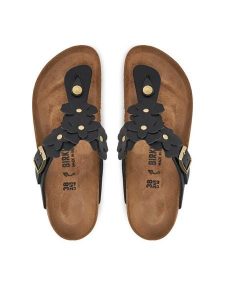 Birkenstock Japonki Gizeh Flowers 1026719 Czarny. Czarne klapki Birkenstock, bez wzorów, ze skóry, bez obcasa. Za 435,99 zł.