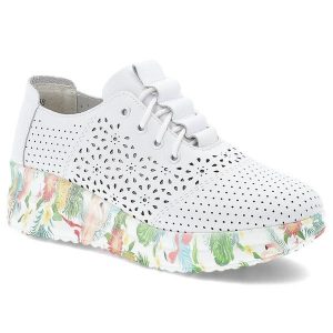 Białe Sneakersy Artiker Modne Obuwie Damskie Z Kolorową Podeszwą. Białe czółenka ARTIKER, bez wzorów, z materiału, bez obcasa, na koturnie, bez zapięcia. Za 199,00 zł.