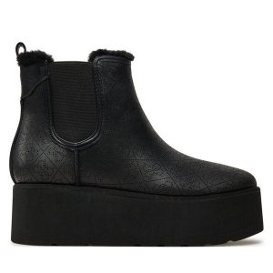 Botki Guess. Czarne botki Guess, z aplikacjami, bez obcasa, na koturnie, bez zapięcia. Za 479,99 zł.
