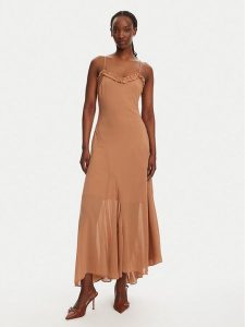 Bardot Sukienka koktajlowa Tatian Frill Trim 59885DB Brązowy Regular Fit. Brązowe kombinezony Bardot, bez wzorów, z syntetyku, wizytowe, bez kołnierzyka, bez ramiączek. Za 299,99 zł.