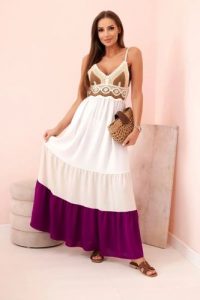 Sukienka damska boho maxi na ramiączkach z ażurową górą beżowy + ciemny fioletowy. Brązowe sukienki Kesi Włoski, na plażę, na lato, l, w ażurowe wzory, z bawełny, boho, bez kołnierzyka, bez ramiączek, maxi, rozkloszowane. Za 217,48 zł.