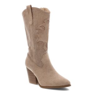 Beżowe Kozaki S.Barski Eleganckie Obuwie Damskie. Brązowe kozaki S.BARSKI, w ażurowe wzory, z zamszu, bez obcasa, na obcasie, bez zapięcia. Za 186,99 zł.