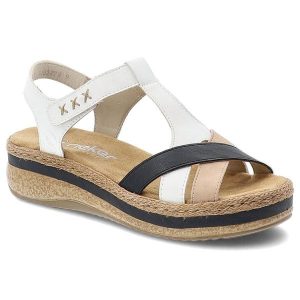 Sandały damskie Rieker, cholewka ze skóry ekologicznej paski krzyżujące się koturnowa podeszwa z plecionym akcentem, białe, V0919-81. Białe sandały Rieker, bez wzorów, ze skóry ekologicznej, bez obcasa, na koturnie, bez zapięcia. Za 339,00 zł.