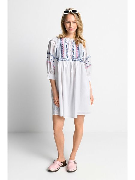 Rich & Royal Lniana sukienka w kolorze biało-różowo-niebieskim rozmiar: 36. Białe sukienki Rich & Royal, bez wzorów, ze lnu, bez kołnierzyka, bez ramiączek, midi, rozkloszowane. Za 191,88 zł.