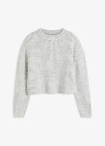 Sweter z grubej, miękkiej dzianiny z domieszką wełny. Szare swetry klasyczne bonprix, z dzianiny, bez kołnierzyka. Za 94,99 zł.