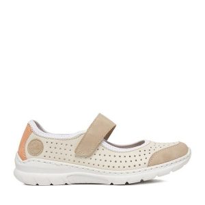 Półbuty Rieker. Białe półbuty Rieker, bez wzorów, bez obcasa, na płaskiej podeszwie, bez zapięcia. Za 319,99 zł.