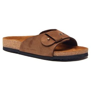 Comfortfusse Skórzane klapki w kolorze jasnobrązowym rozmiar: 39. Brązowe klapki Comfortfüße, bez wzorów, z nubiku, z otwartym noskiem, bez obcasa. Za 171,28 zł.