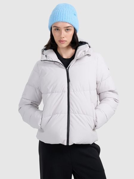 4F Kurtka puchowa z wypełnieniem syntetycznym damska - szara S. Szare kurtki 4f, na zimę, s, bez wzorów, z puchu, bez kaptura. Za 399,99 zł.