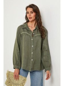 Lin Passion Lniana koszula w kolorze khaki rozmiar: 36/38. Brązowe koszule Lin Passion, z aplikacjami, ze lnu, bez kołnierzyka, bez ramiączek. Za 176,08 zł.