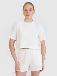 4F T-shirt crop top z waflowej dzianiny damski - biały XL. Białe t-shirty 4f, xl, bez wzorów, z bawełny, bez kołnierzyka, bez ramiączek. W wyprzedaży za 49,99 zł.