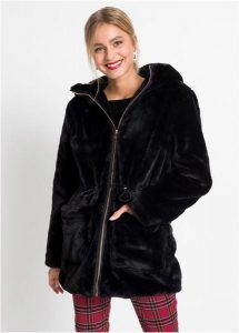 Casualowa kurtka ze sztucznego futerka. Czarne kurtki bonprix, bez wzorów, bez kaptura. Za 249,99 zł.