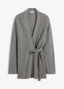 Kopertowy kardigan oversize. Szare kardigany bonprix, bez wzorów, bez ramiączek. Za 189,99 zł.