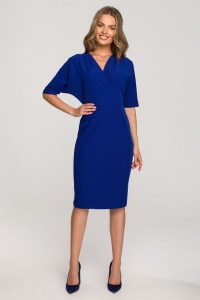 Elegancka sukienka z Kopertowym Dekoltem - Chabrowa. Niebieskie sukienki MOE, l, bez wzorów, z elastanu, eleganckie, bez kołnierzyka, bez ramiączek, kopertowe. Za 274,90 zł.