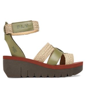 Sandały Fly London. Zielone sandały Fly London, bez wzorów, bez obcasa, na koturnie, bez zapięcia. Za 463,99 zł.