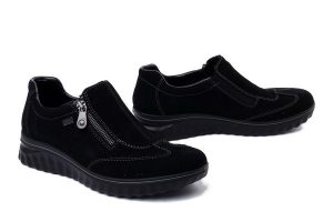 RIEKER TEX 59071-00 black, półbuty damskie. Czarne półbuty Rieker, bez wzorów, z gumy, bez obcasa, bez zapięcia. Za 389,90 zł.