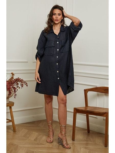 Plume Lniana sukienka "Calizia" w kolorze granatowym rozmiar: M. Niebieskie sukienki Plume, m, bez wzorów, ze lnu, bez kołnierzyka, bez ramiączek, mini. Za 225,05 zł.
