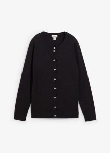 Sweter rozpinany z okrągłym dekoltem. Czarne kardigany bonprix, bez kołnierzyka. Za 84,99 zł.