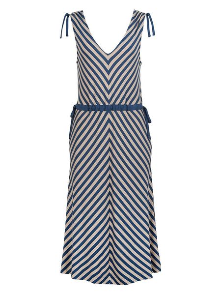 Finside Sukienka "Solmu" w kolorze niebiesko-beżowym rozmiar: 38. Brązowe sukienki Finside, na co dzień, bez wzorów, bez kołnierzyka, bez ramiączek, midi, proste. Za 178,79 zł.