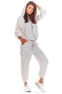 Beżowa Bluza na Zamek z Kapturem. Brązowe bluzy Awama, l, bez wzorów, z elastanu, z kapturem. Za 222,90 zł.