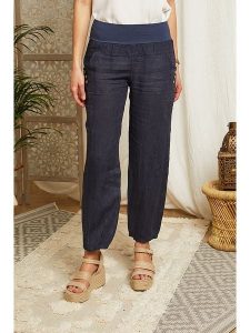 Lin Passion Lniane spodnie w kolorze granatowym rozmiar: 38/40. Niebieskie spodnie z wysokim stanem Lin Passion, bez wzorów, ze lnu, z podwyższonym stanem. Za 113,99 zł.