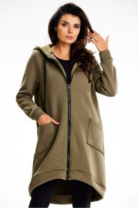 Długa bluza damska z kapturem i kieszeniami khaki. Brązowe bluzy Infinite You, l, bez wzorów, z bawełny, z kapturem. Za 299,00 zł.