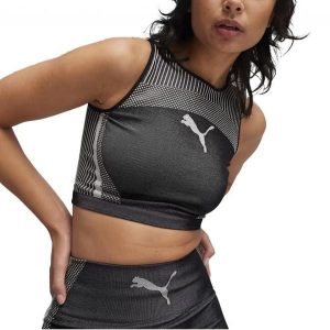 Koszulki Puma Model To Crop Top Kolor Czarny. Czarne koszulki sportowe Puma, bez wzorów, z tkaniny, bez ramiączek. W wyprzedaży za 132,40 zł.