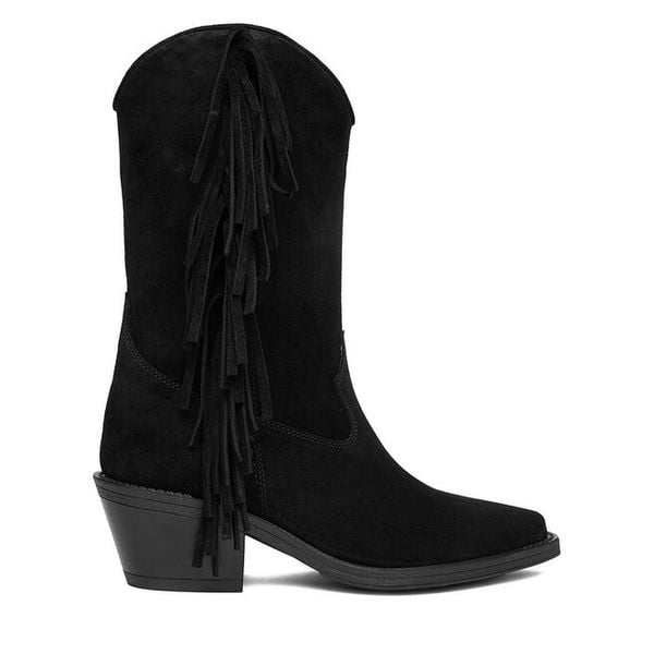 Kowbojki Badura. Czarne botki Badura, bez wzorów, bez obcasa, na słupku, bez zapięcia. Za 429,99 zł.