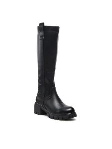 DeeZee Kozaki H1003-01 Czarny. Czarne kozaki DeeZee, bez wzorów, ze skóry, bez obcasa, na słupku, bez zapięcia. Za 219,99 zł.