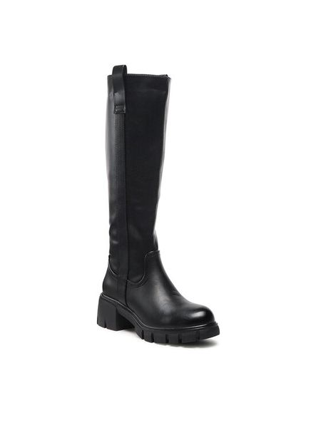 DeeZee Kozaki H1003-01 Czarny. Czarne kozaki DeeZee, bez wzorów, ze skóry, bez obcasa, na słupku, bez zapięcia. Za 219,99 zł.